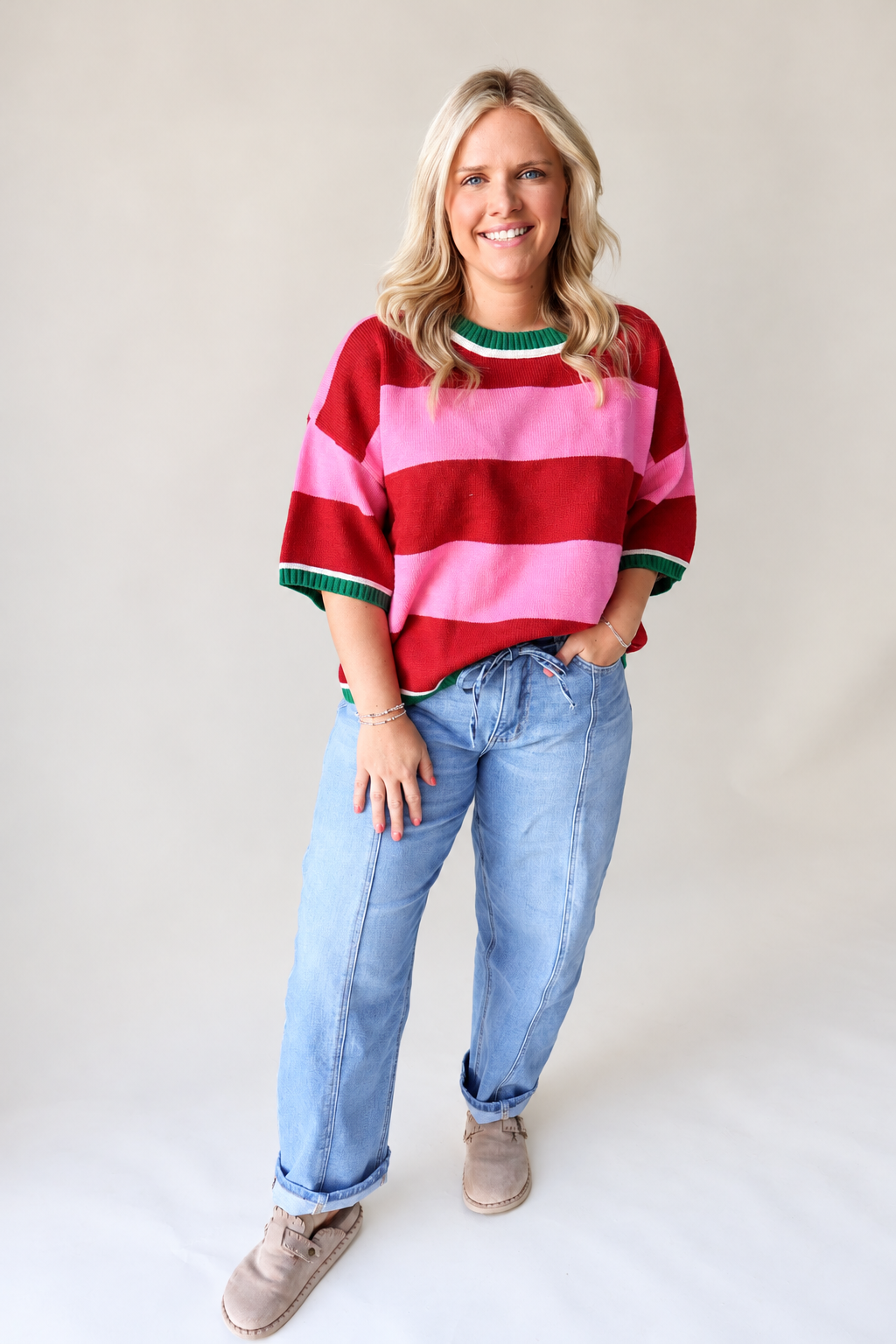 Wide Stripe Loose Fit Sweater Top – Pink/Red