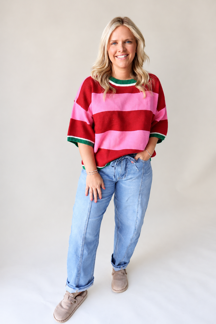Wide Stripe Loose Fit Sweater Top – Pink/Red