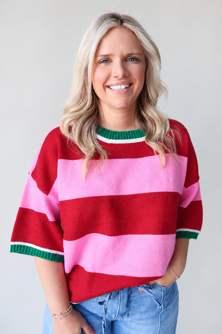 Wide Stripe Loose Fit Sweater Top – Pink/Red