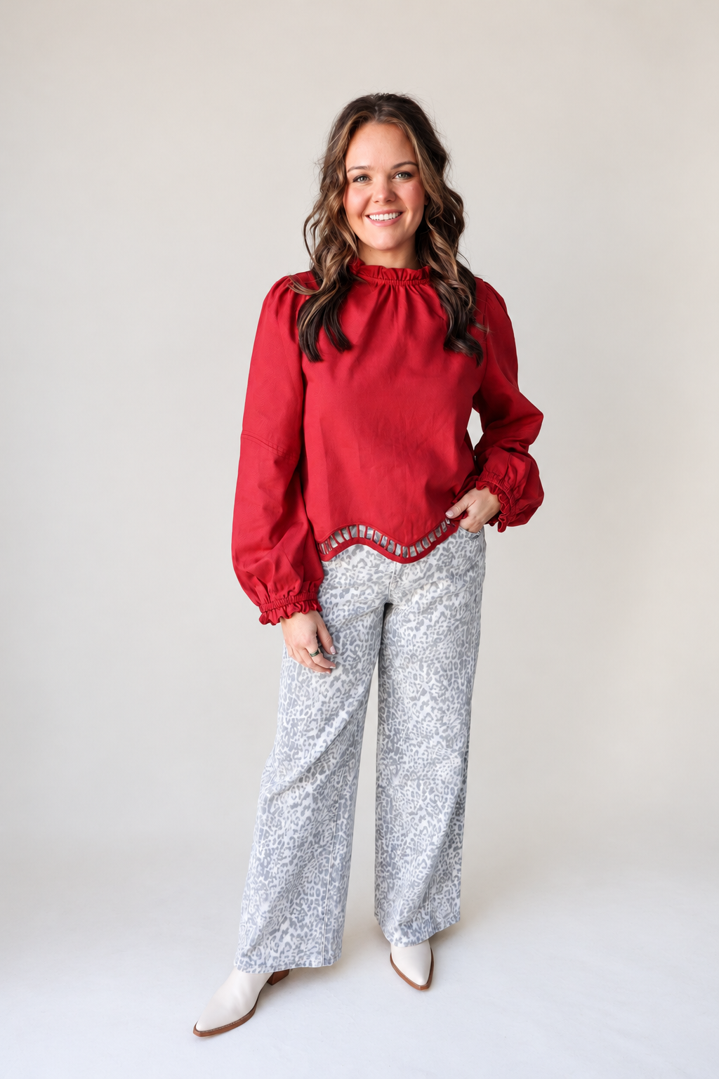 Embroidered Cut-Out Hem Long Sleeve Top - Cranberry