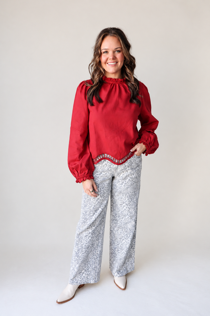 Embroidered Cut-Out Hem Long Sleeve Top - Cranberry