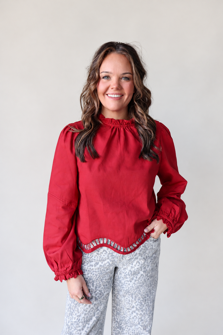 Embroidered Cut-Out Hem Long Sleeve Top - Cranberry