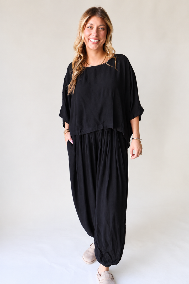 Boho Oversized Dolman Top & Balloon Leg Pants Set - Black