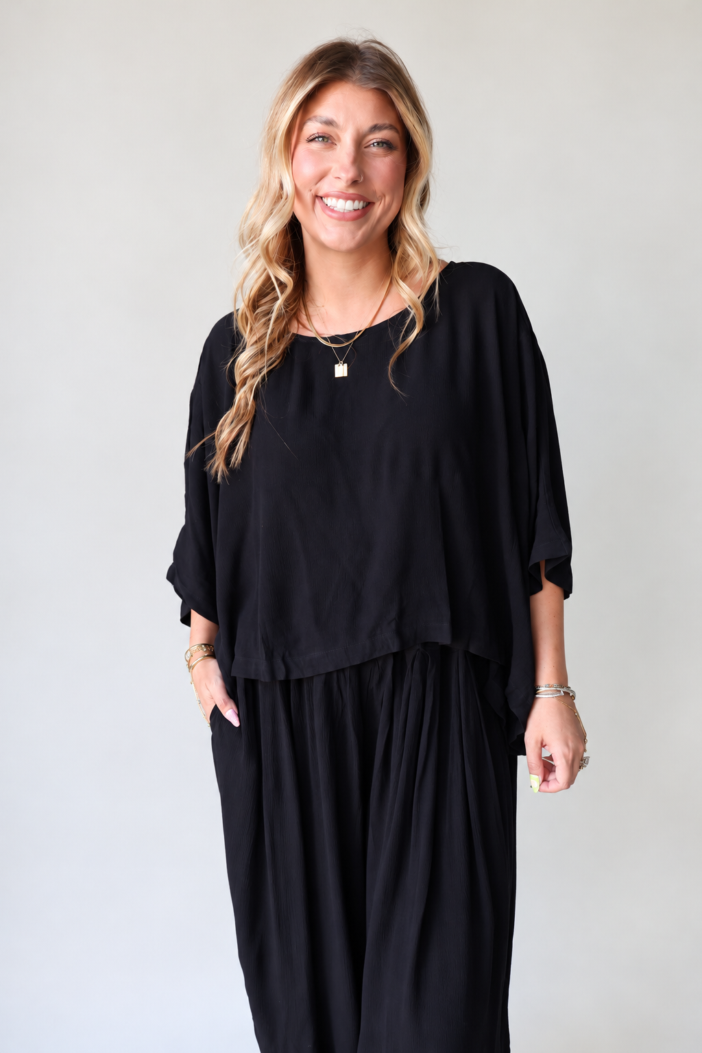 Boho Oversized Dolman Top & Balloon Leg Pants Set - Black