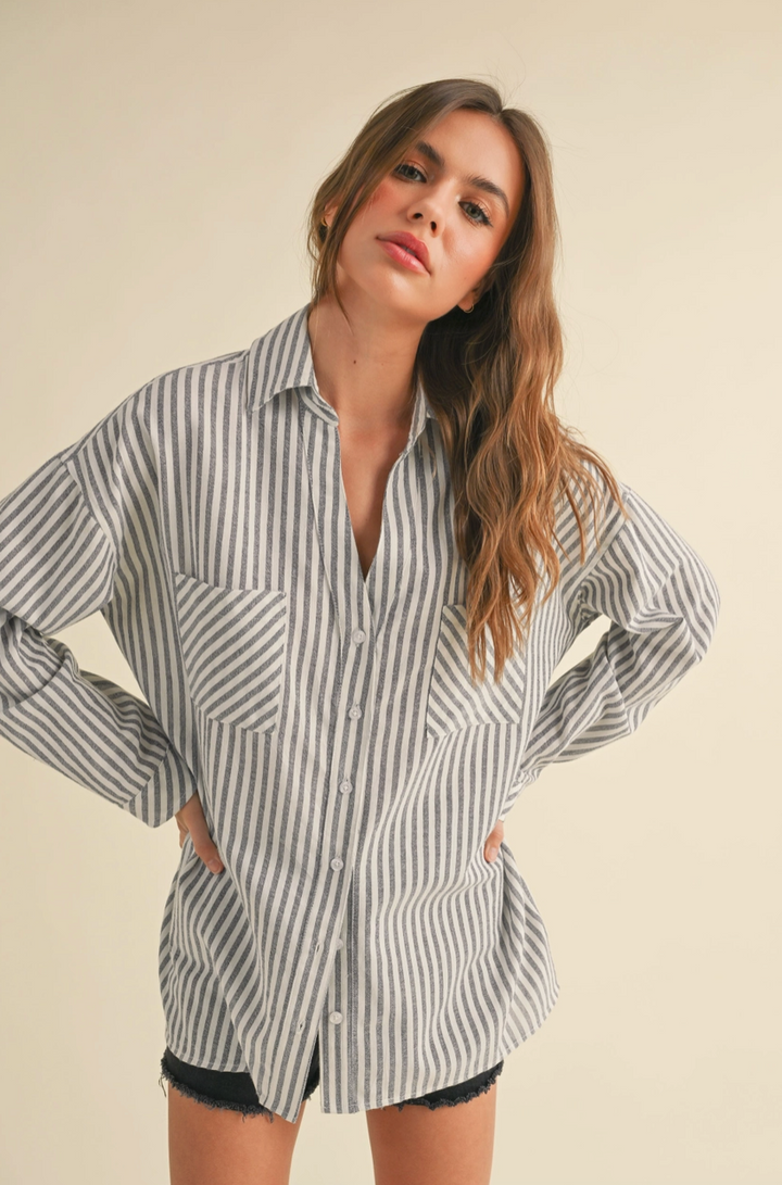 Susan Striped Button Down Shirt - Navy
