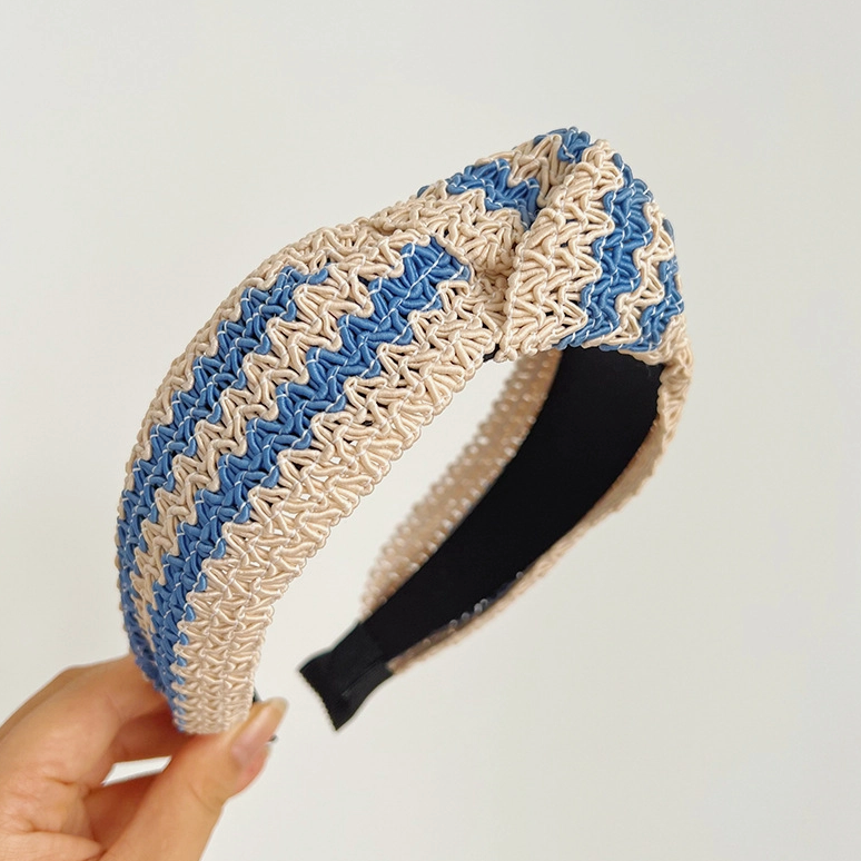Woven Straw Wide Knot Headband - Blue