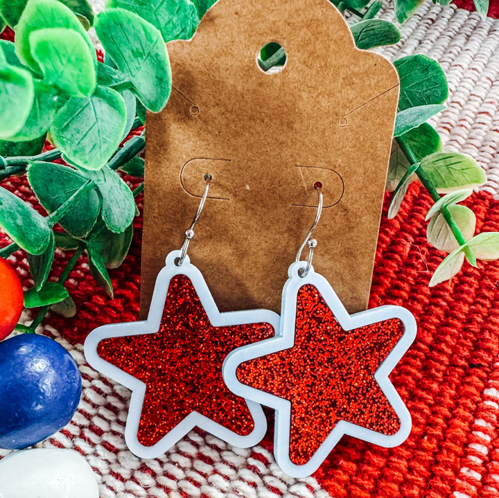 Glitter Star Earrings - Red