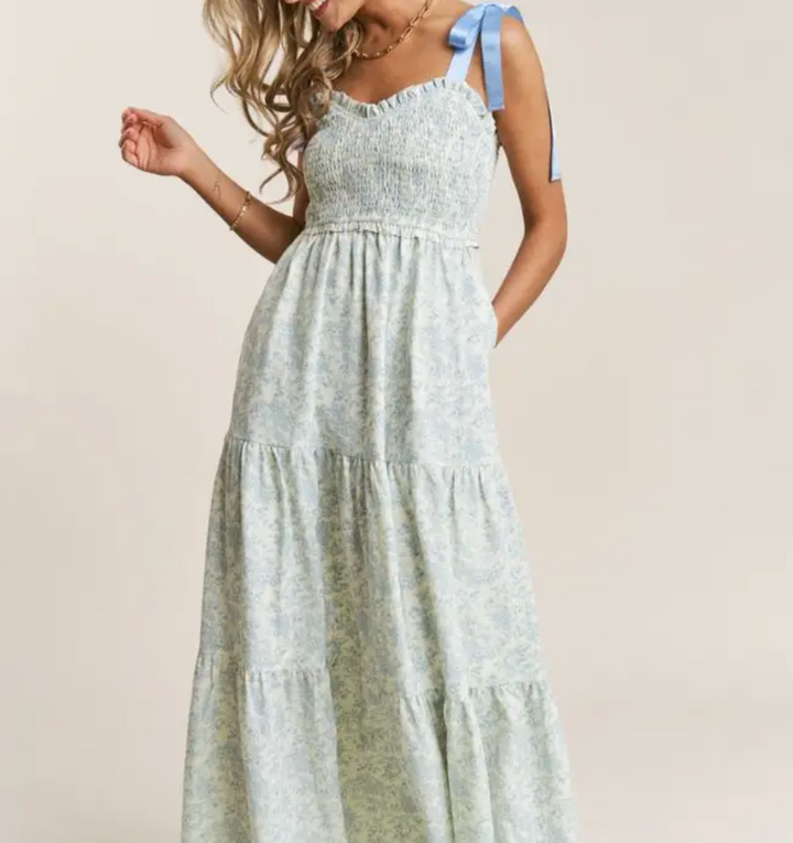 Empire Neck Line Floral Tiered Maxi Dress - Blue