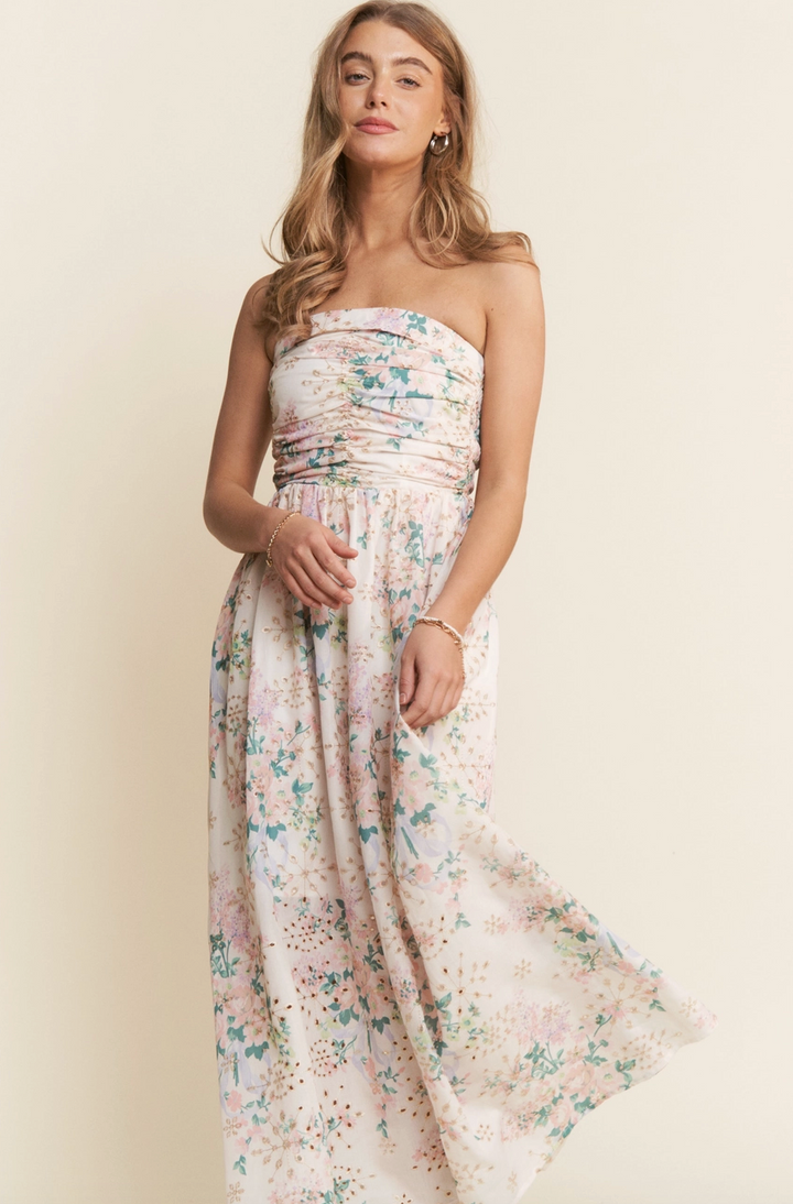 Floral Print Eyelet Sleeveless Midi Dress