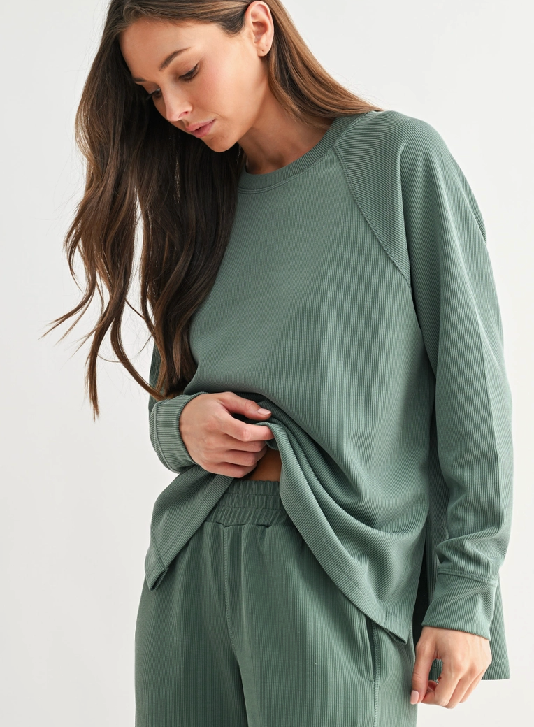 Luxe Sand Wash Rib Raglan Tee - Eldergreen