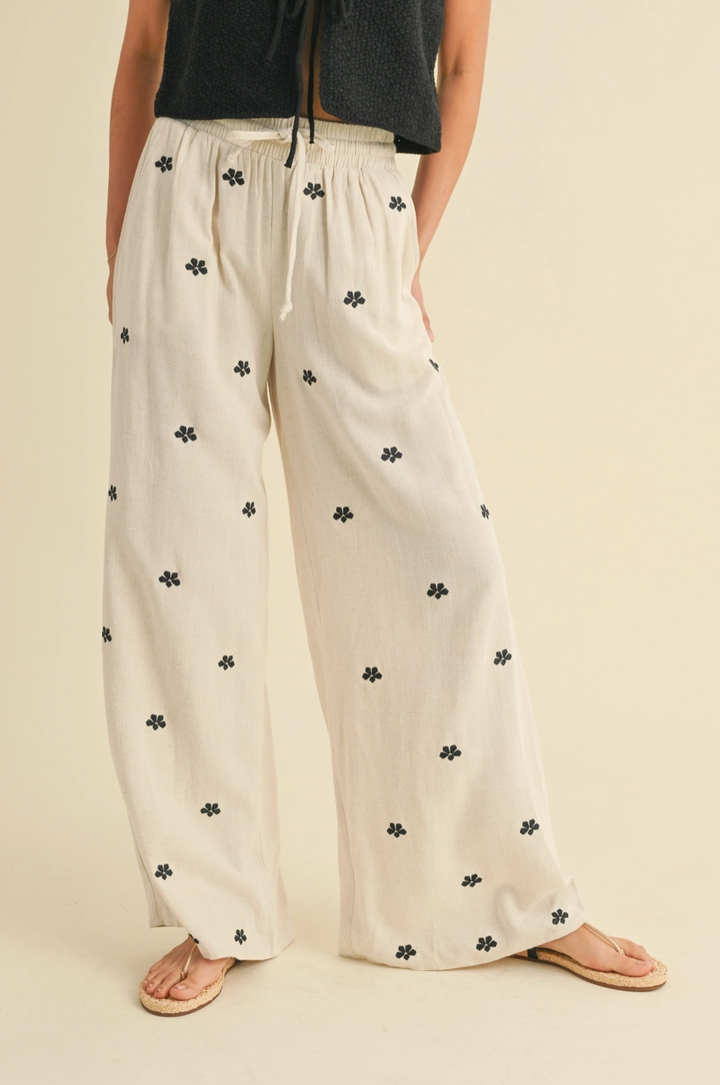 Emmi Embroidered Linen Pants - Natural